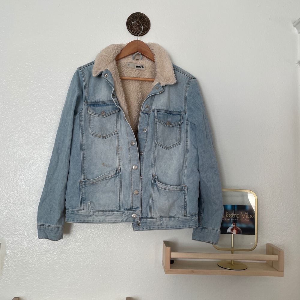 Topshop Moto Borg Lined Denim Jacket Light Wash Faux Shearling Trucker US 8